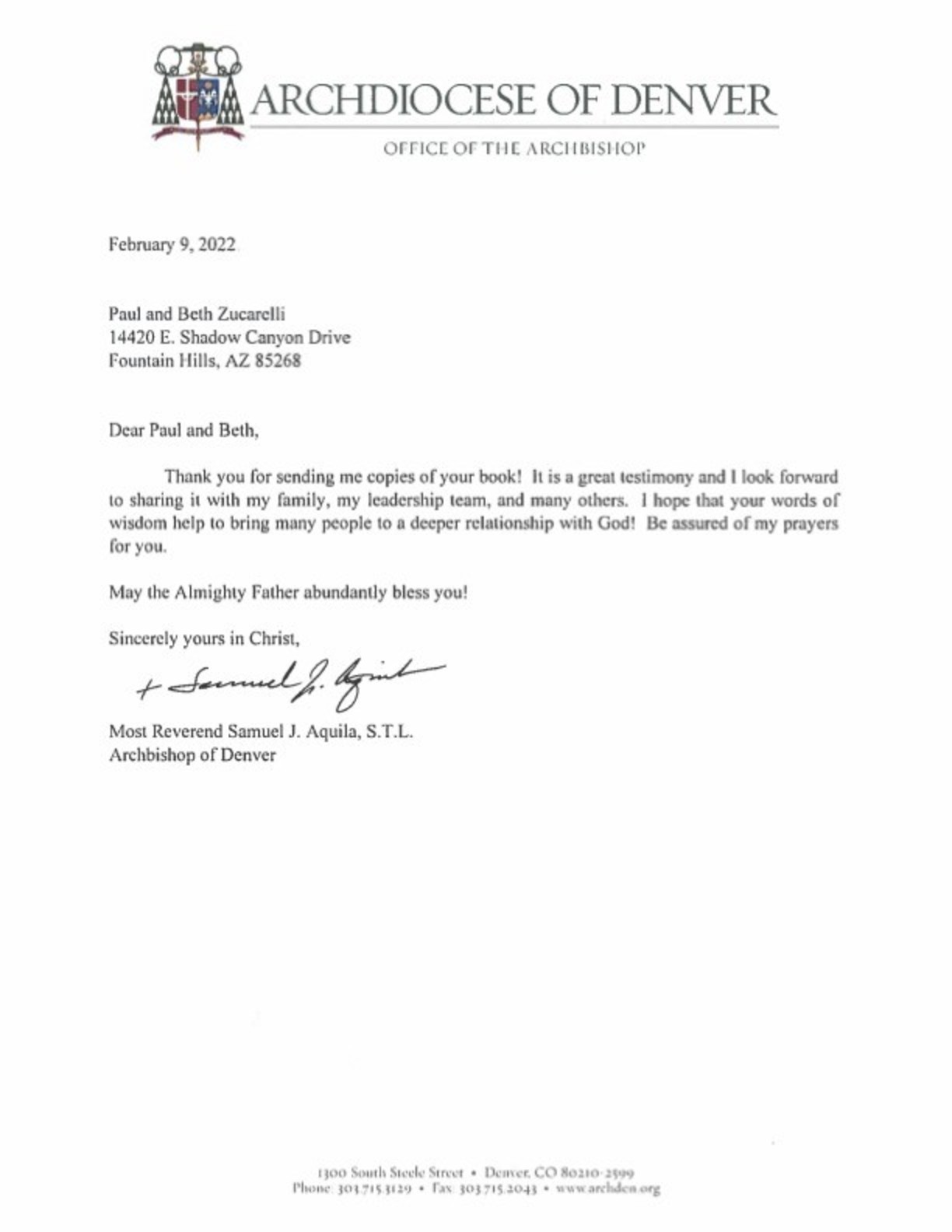 Archbishop Aquila Letter To Paul Zucarelli